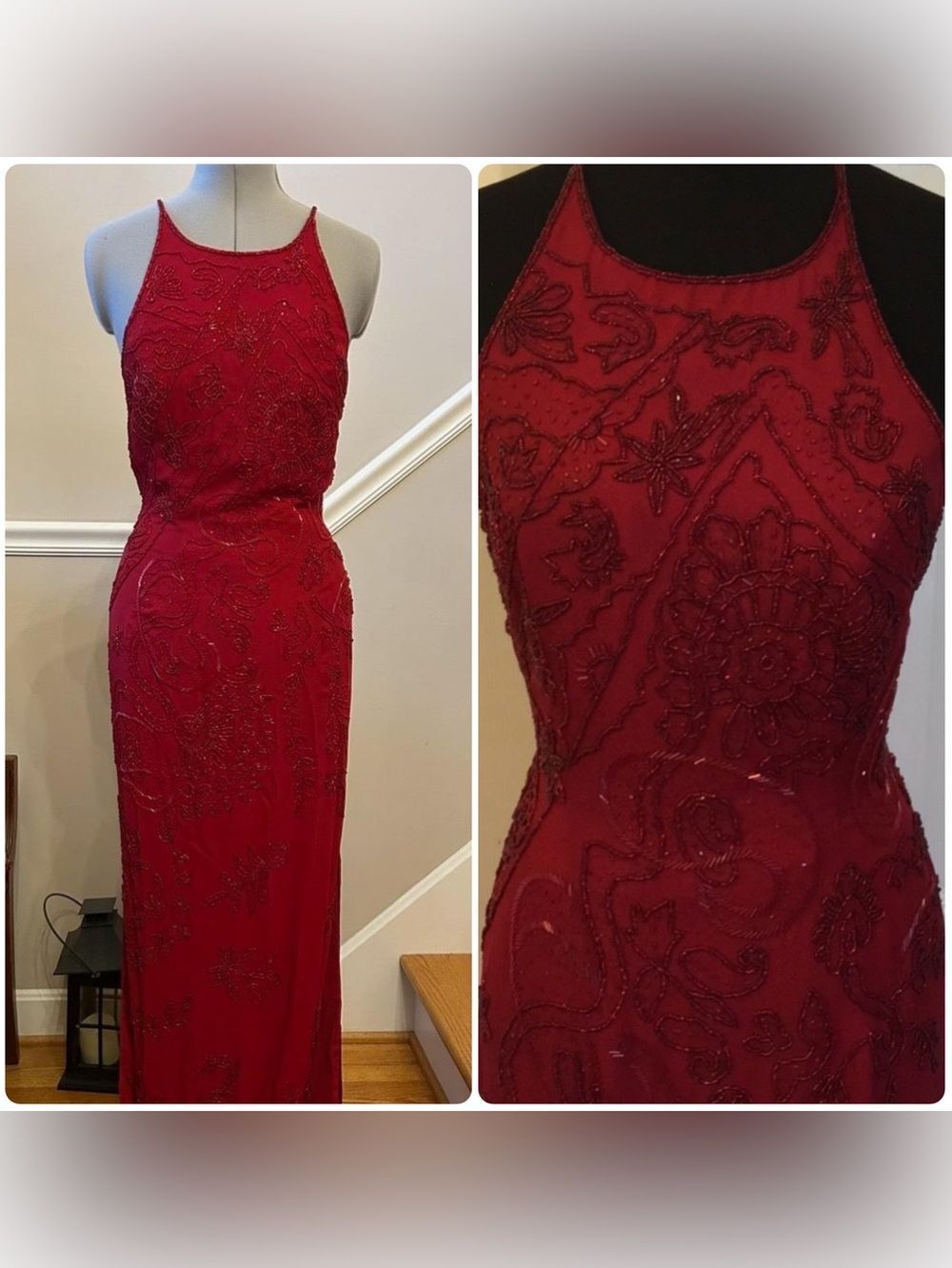 Vintage Blushe Impressions Red Beaded Maxi Gown Open Back Crossover Dress Size 6
